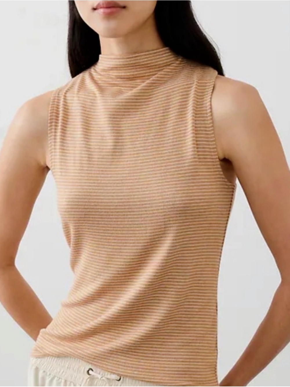 Banana Republic Factory Sleeveless Mock Neck Tank Top in Tan and White Stripe